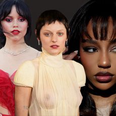 A collage of gothic romantic makeup, featuring Iris Apatow, Jenna Ortega, Emma Corrin, and Savannah Lee Smith