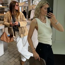 Collage of fashion influencers @lunaisabellaa and @anoukyve wearing chic denim outfits that pair jeans with pretty fashion trends such as brushed wool, boho-inspired blouses, slingback shoes, and fringe jackets. 