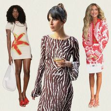 Emmanuelle wearing a Mango x Siedres floral dress with a white bag and red heels; Tamara Mory wearing a zebra-print long-sleeve maxi dress; Emili Sindlev wearing a red and white starfish-print jacket and skirt with red heels and a white handbag