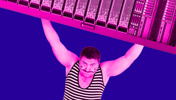 Strongman struggling to hold up an oversized server