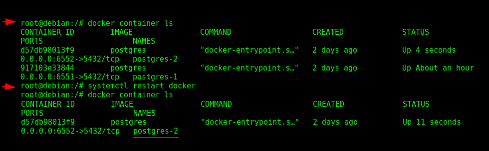 Checking the Container Restart Policy in "postgres-2".